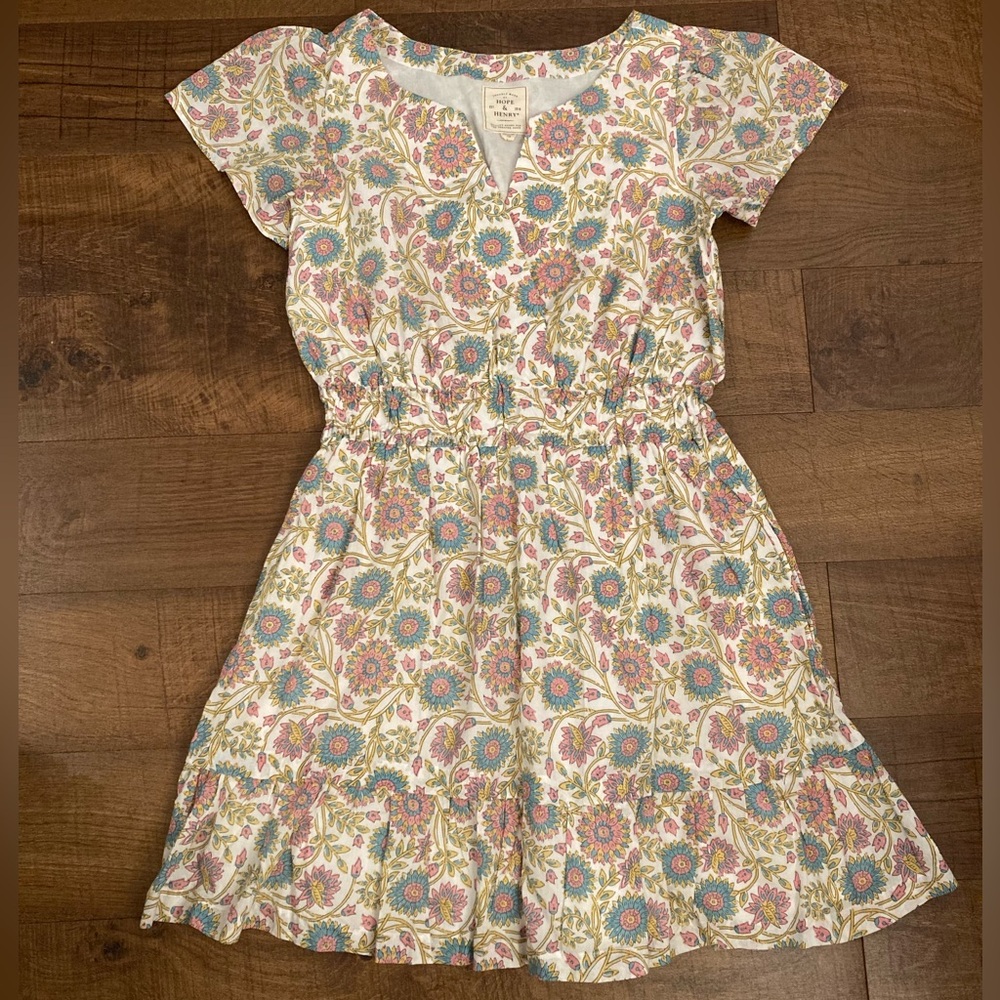 Hope & Henry Floral V-Neck Mini Dress in Cream/Pink/Blue Organic Women’s 12